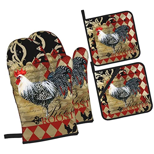 Rooster Print Oven Mitts And Pot Holders Sets Of 4 High Heat Resistant Oven Mitts With Oven Gloves And Hot Pads Polyester Potholders For Kitchen Baking Grilling Bbq Non-Slip Cooking Mitts #TOP1