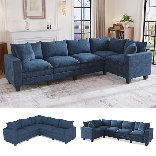 Image of 126 inch L Shaped Sectional Couch, Comfy Chenille Cloud Couch, 5 Seat Modular Cloud Sofa with 2 Pillows & Storage Armrests, Convertible V Shaped Corner Couch, Sectional Couches for Living Room, Blue