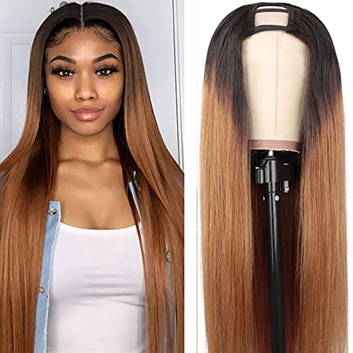 Goldfinch U Part Human Hair Wig Straight U Part Ombre Wig Brown1B/30 Colored Upart Wig Brown 2x4 U Shape Clip in Half Wig Glueless 150% Density 22 Inch Honey Blonde