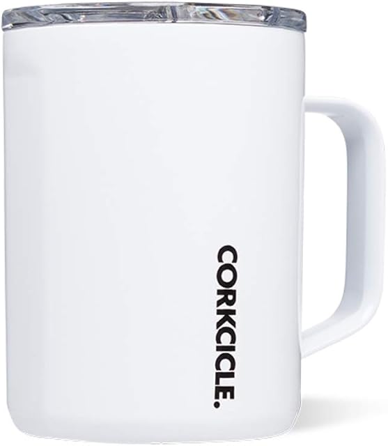 Corkcicle Origins Travel Coffee Mug - Triple Insulated Stainless Steel Cup with Handle for Tea, Hot Chocolate, Coffees, & More - Leakproof, Reusable, Dishwasher Safe - Gloss White, 475ml/16oz
