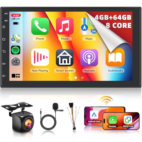 Hodozzy 4GB+64GB 8 Core Double Din Android Car Stereo with CarPlay Android Auto, 7 Inch Touchscreen Universal Car Radio GPS Navigation Bluetooth WIFI Mirror Link SWC FM RDS Radio+Reversing Camera+MIC