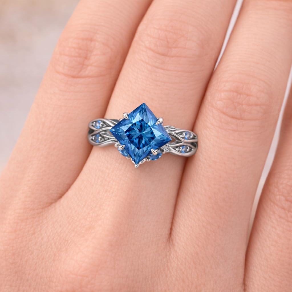 Princess Cut Blue Sapphire Ring Set for Women 14K White Gold Vintage Engagement Ring Set with Twisted Band & Side Stones September Birthstone Bridal Promise Jewelry Gift for Her