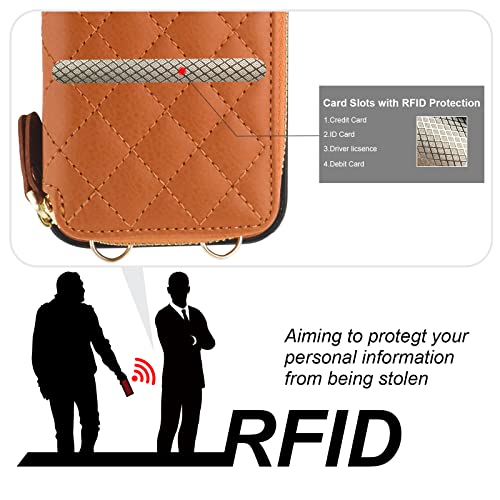 Bocasal Crossbody Wallet Case for iPhone 14 Pro, RFID Blocking PU Leather Zipper Handbag Purse Flip Cover, Kickstand Folio Case with Card Slots Holder Wrist Strap Lanyard 5G 6.1 Inch (Brown)