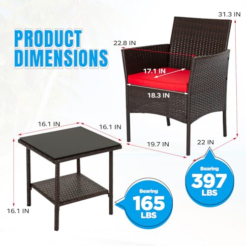 Image of FDW 3-Piece Patio Furniture Set | Brown & Red | Outdoor Wicker Furniture