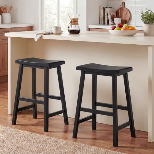 COSTWAY Solid Wood Saddle Stools, 24-inch Height Backless Counter Chairs with Footrests, Mid-Century...