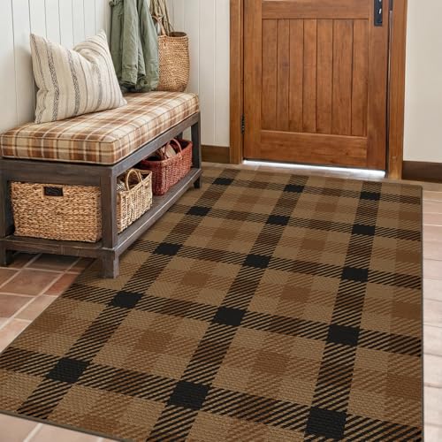 Brown and Black 4x6 Easy Jute Rug for Large Entryway - Neutral Dark Rug with Rubber Backing for Living Room, Checkered Decor for Entrance, Kitchen, Ea