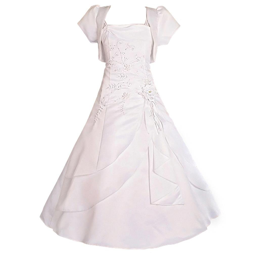 Lito Angels Vestido blanco de satén con cuentas para niña con bolero, comunión boda, fiesta, niña de flores, dama de honor, ocasión formal, vestido de baile, edad 2-12 años