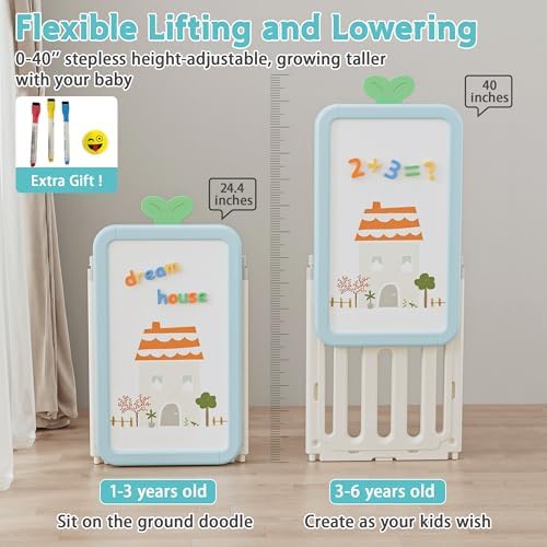 Kids Toy Storage Organizer with 10 Removable Bins, Foldable Toy Organizers and Storage with 3-Tier Bookshelf for Kids Toy Storage Organizer with Drawing Board, Extra 3 Brushes (4 In 1 Light Blue)