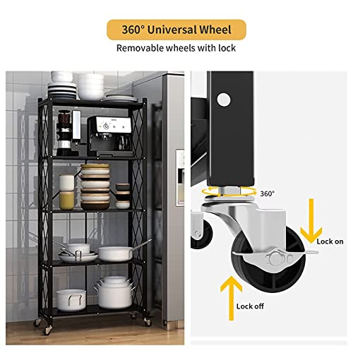Benoss Foldable Metal Heavy Duty Storage Shelves With Wheels, No Assembly Folding Shelving Unit, Movable Storage Rack Great For Garage Kitchen Pantry Home Office, 5- Tier Black #TOP6