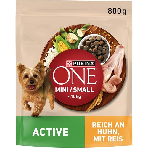 PURINA ONE Mini/Small Active Hundefutter trocken für kleine Hunde, reich an Huhn und Reis, 8er Pack (8 x 800g)