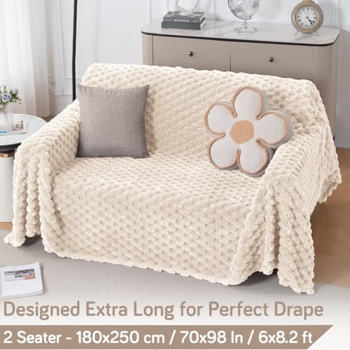Image of HOKIPO Luxury Premium Rabbit Wool Plush Fluffy Sofa Cover, Sofa Throw for 2 Seater Sofa, 180(D) x 250(L) cm, 'Bunnysoft Series' Cream (AR-5074-WHT)