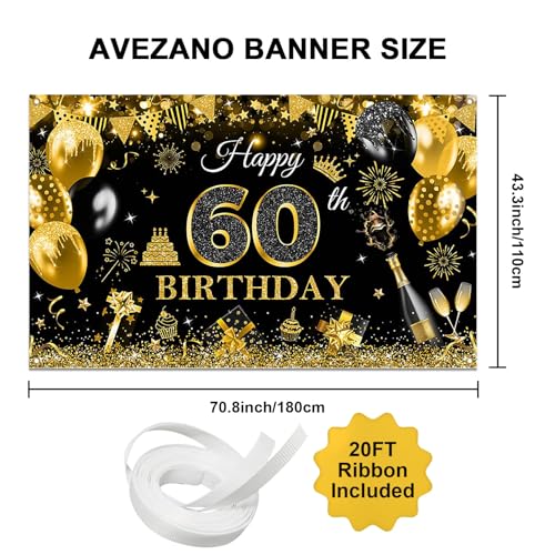 Image of Avezano Happy 60th Birthday Banner for Men Black and Gold Glitter Balloon 60 Birthday Party Backdrop 60 Year Old Bday Photo Backdrop Party Supplies 70.8 x 43.3 Inch