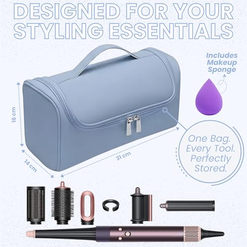 Image of OCEANEVO Travel Pouch for Airwrap Styler WITH Makeup Sponge, Storage Organiser Bag for Airwrap Attachments with Hanging Hook (Bag Only) - 31 x 14 x 16 Cm - Sky Blue - 1 Year Warranty