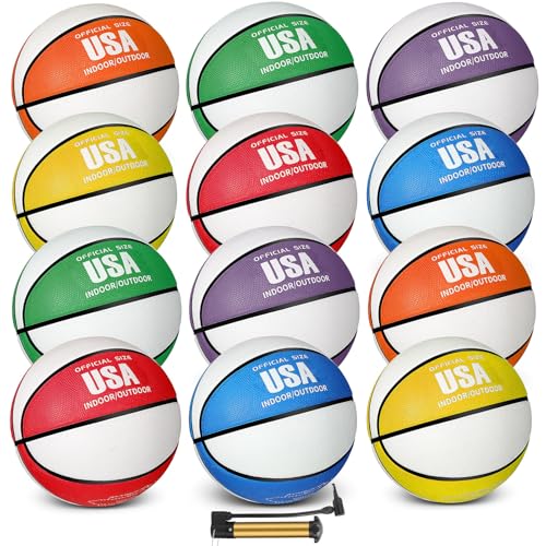 Lenwen 12 Pieces Rubber Basketball Bulk Official Size Basketball with Pump for Game Practice Training Street Ball Sport Gift for Kids Youth Teens Adults Indoor Outdoor Gift Back to School(Size 6)
