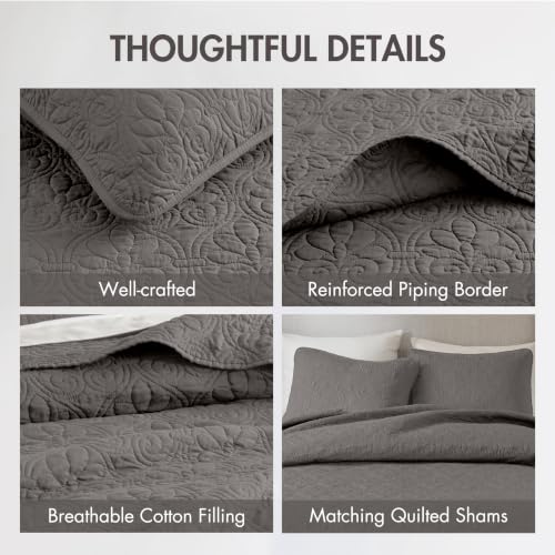 Image of Madison Park Quebec Quilt Set - Luxurious Damask Stitching Design, Cotton Filled Lightweight Coverlet Bedspread Bedding, Shams, King /Cal King(104 inchx94 inch), Dark Grey 3 Piece