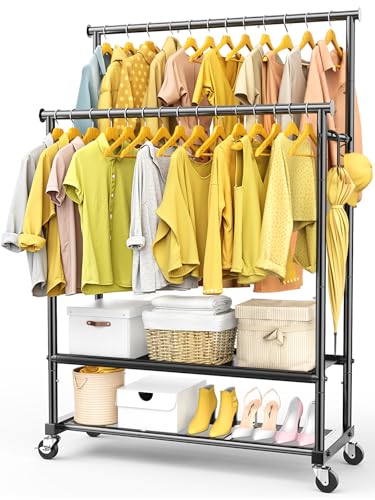 Heavy Duty Rolling Clothes Rack with Shelves and Hooks