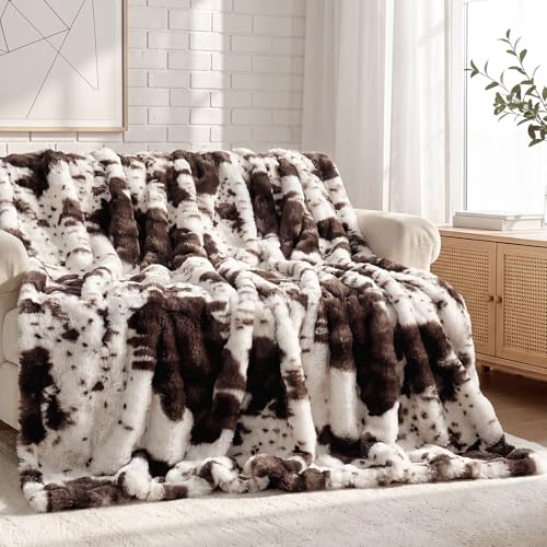 Wajade Fluffy Faux Fur Throw Blanket for Couch Bed 50x60 Luxury Soft Thick Fuzzy Plush Bubble Blanket Warm Cozy Blanket for Sofa Chair Cow Print-Dark Brown