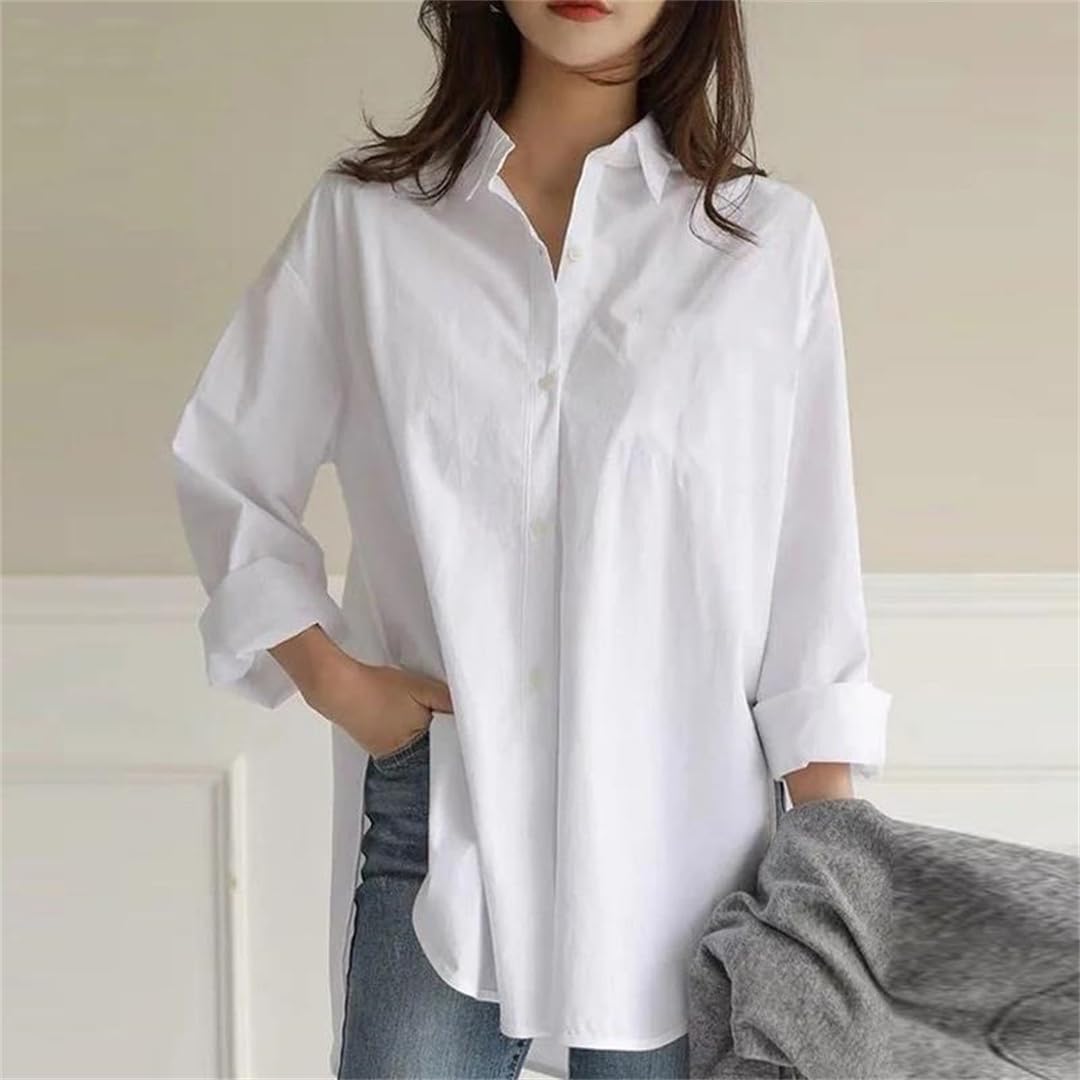 Élégante chemise ample décontractée en coton à boutons à manches longues irrégulière vintage chemisier de bureau