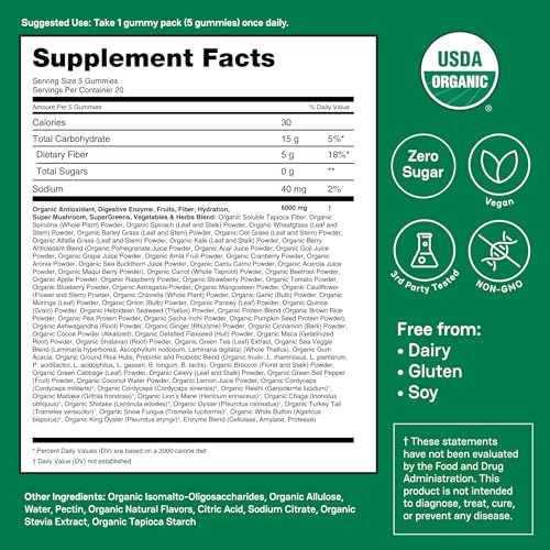 Image of Zena Nutrition Organic Super Greens Gummies, 70+ Superfoods, 0 Sugar, 5g Fiber, Spirulina, Chlorella, Prebiotics /Probiotics, Digestive Enzymes, Gut Health, Mixed Berry, 100 Gummies, 20 Servings
