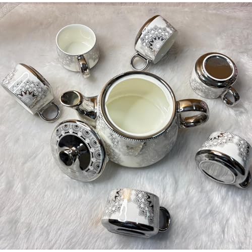 Image of DMRD MART-Porcelain Tea Set with Kettle |Tea Cup Set 7Pc | Aesthetic and Classic Cups Set | Premium Crockery for Home & Gifting with Golden Color Geometric Pattern Design. (Silver Lattice)