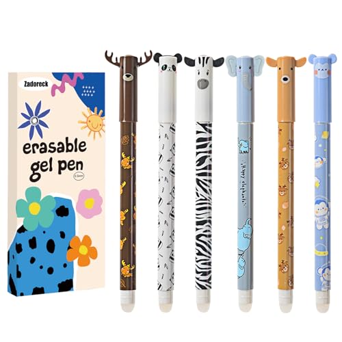 Zadoreck Lot de 6 stylos animaux effaçables,elephant,panda,daim,renne,singe zèbre les extrémités pour enlever l'encre,stylo bleu...