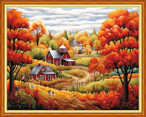 Image of Dooxvey Cross Stitch Kits for Adults Stamped Full Range of Embroidery Starter Kits for Beginners 11CT Printed Cross Stitch Patterns Needlepoint Kits Stamped Crossstitching-Autumn Scenery 16x20 inch