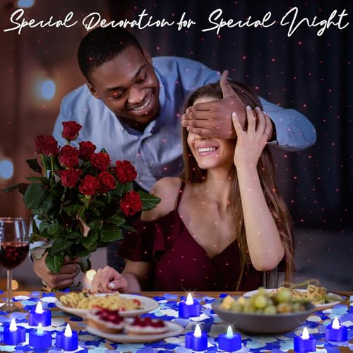 Image of Honoson 1000 Pieces Artificial White Blue Rose Petals with 24 Pcs Flameless Heart Shaped LED Tealights Candles Special Romantic Night Decorations for Proposal Wedding Anniversary Table Decor