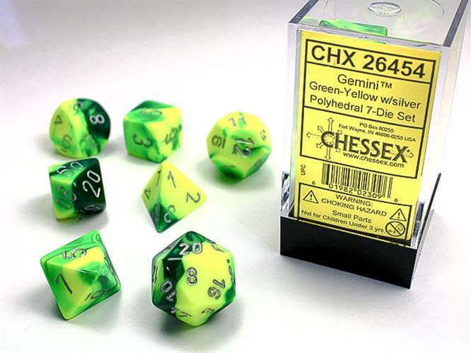 Chessex Manufacturing 26454 Cube Gemini Set of 7 Dice - Green & Yellow with Silver Numbering