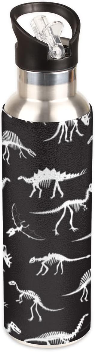 Insulated Stainless Steel Water Bottle with Straw 20oz Black Retro Dinosaur Bones Sports Water Bottles BPA Free Leakproof Metal Vacuum Flask Jug for Kids Gym Fitness