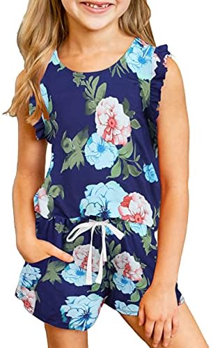 Dokotoo Girls Summer Casual Cute T-Shirt Shorts Outfits Set Short Sleeve Tops Tee Shirts Clothes Round Neck Floral Printed Stretchy Shorts with Side Pockets 2021 Size 6-7 Blue