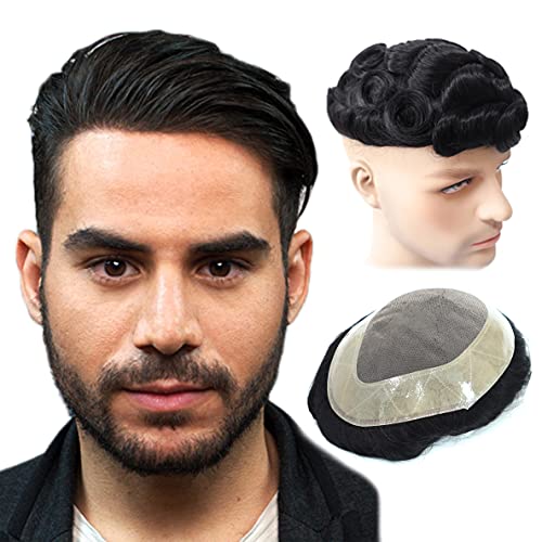 Hywel Human Hair Toupee for Men Mono with Poly Coating Cap 6×8 Inch Hairpiece Natural Wave Replacement System Color #1B Off Black