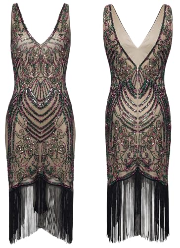 Image of Women Flapper Dresses 1920s V Neck Beaded Fringed Great Gatsby Club & Night Out Dresses