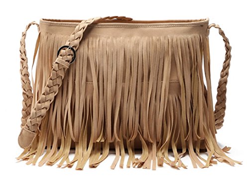 Aivtalk - Damen Fashion Fransentasche Handtasche Schultertasche Umhängetasche aus künstlichem Wildleder - Hellbraun