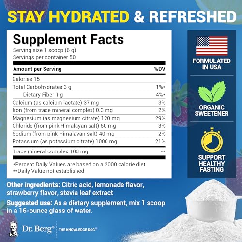 Image of Dr. Berg Zero Sugar Hydration Keto Electrolyte Powder - Enhanced w / 1000 mg of Potassium & Real Pink Himalayan Salt (NOT Table Salt) - Strawberry Lemonade Hydration Drink Supplement - 50 Servings