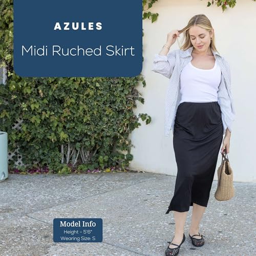 Azules Women's Midi Skirt - Stretchy Jersey Knit Bodycon Skirt with Slit - Pull On Fitted Ruched Midi Skirt2