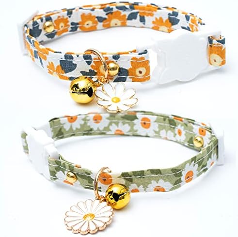 Faygarsle 2 Pack Cotton Breakaway Cat Collars with Bell Daisy Pendant Kitty Kitten Collars Green Orange Collar for Female Girl Cats Male Boy Cats