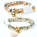 Faygarsle 2 Pack Cotton Breakaway Cat Collars with Bell Daisy Pendant Kitty Kitten Collars Green Ora