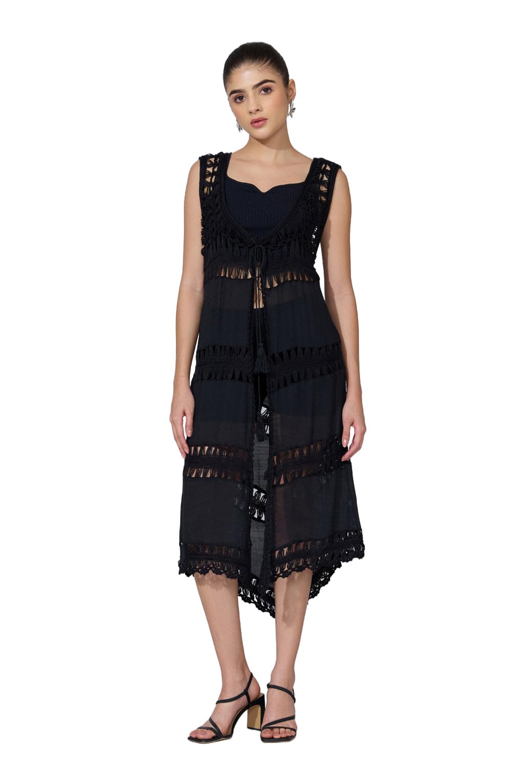 showoffff Women Textured Front-Open Shrug | V Neck Sleeveless Crochet Shrug's for Womens | Longline Shrug for Women's Black-L-picture-47