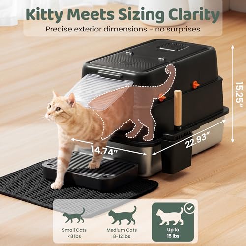 Image of Stainless Steel Litter Box with Lid - XL Enclosed Litter Box for Cats with Collecting Mat - 4 Way Setup Fully Closed, Semi Low, High & Open Kitty Boxes, Leak Proof Metal LitterBox (Black)