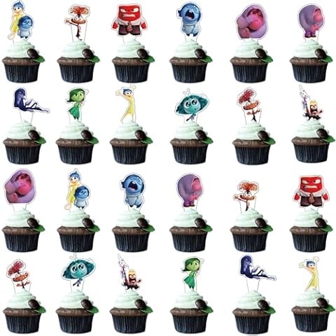 48Pcs Inside Out Birthday Cake Topper Decoration Supplies for Inside Out Children's Cupper Topper for Boys Girls Kids Birthday Party Cover