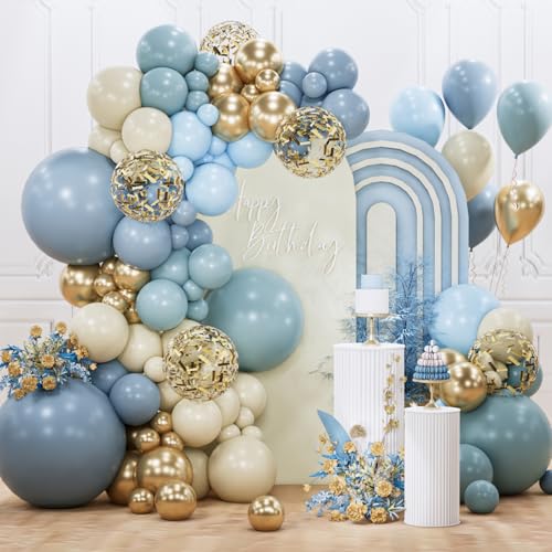 Image of PartyWoo Dusty Blue Balloon Arch Kit Garland 140pcs Different Sizes of 18 12 10 5 Inch Light Baby Blue White Sand Gold Confetti Boho Balloons for Baby Shower Gender Reveal Birthday Party Decorations