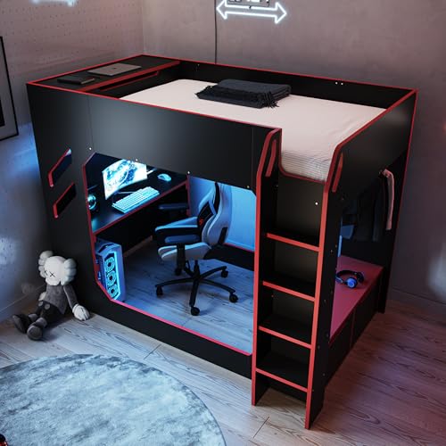 Flair Furnishings Recoil - Small Double High Sleeper Bed for Kids Gaming Bed with Desk and LED Lighting Heavy Duty and Sturdy TV Compatible Space-Saving Design (Black)