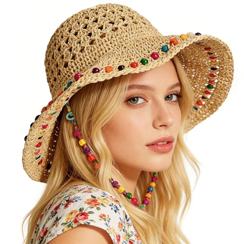 Sun Hats for Women Wide Brim Beach Hat Straw Boho Rainbow Beaded Summer Packable Foldable Bucket Hat for Travel