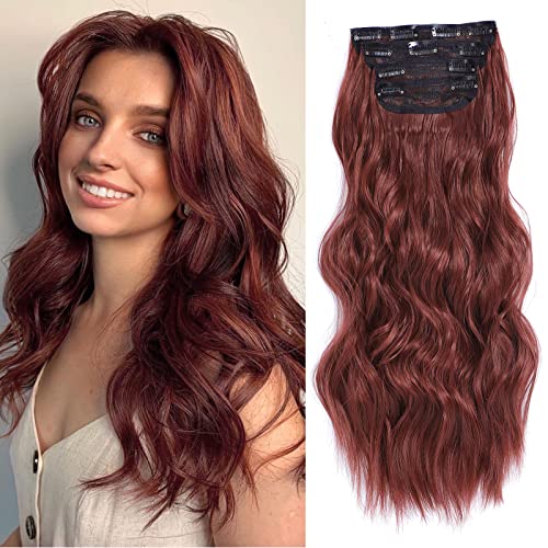 Clip In Hair Extensions - 4Pcs Thick Double Weft Hair 20 Inch Hair Extensions For Women Clip In, Dark Red Extensions Clip Ins, Synthetic Soft Hairpieces Extensions For Everyday Wear #TOP3