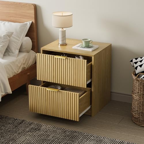 Image of Fluted Nightstands Set of 2 with 2 Drawers, 19.6 inch Modern Storage Bedside Table with Golden Metal Handles, Nature