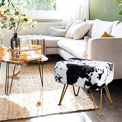 Warmaxx Cow Rectangle Faux Fur Ottoman Soft Fuzzy Entryway Bench Seat, 19"X13"X17" Sturdy Accent Coffee Table For Living Room Make Up Vanity Shoe Stool With Golden Legs For Bedroom Closet Foot Rest #TOP6