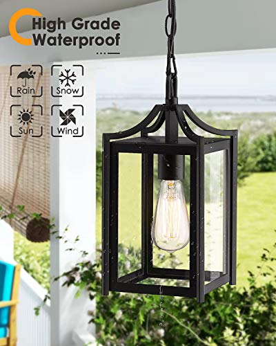 Osimir Outdoor Pendant Light, 14" Large Modern Outdoor Hanging Porch Light With Adjustable Chain, Exterior Outdoor Hanging Light In Black Finish And Clear Glass, 2439/1H #TOP2