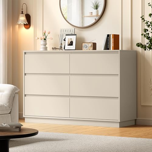 RoyalCraft Beige 6 Drawer Dresser with Charging Station | 47 Wide Modern Chest of Drawers Wood Closet Clothes Storage Cabinet for Living Room Bedroom