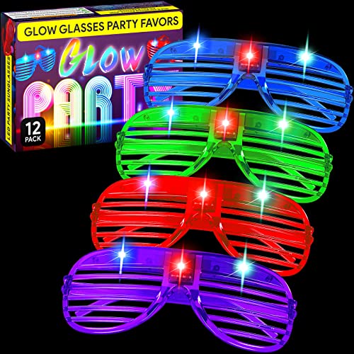 12 Pack Light Up Glasses - 4 Color Glow Glasses Party Pack, Light Up Glasses Party Favors for Kids & Adults - LED Glasses Glow in the Dark Party Supplies, Roller Skating Neon Party Light Up Sunglasses
