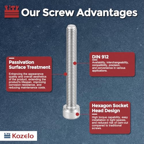 Kozelo 6 Stück Zylinderschrauben mit Innensechskant - [M8-1.25 x 65mm] 304 Edelstahl Vollgewinde Innensechskantschraube für Elektromotor 3D-Drucker Lüfter Motorenaustausch, Silber